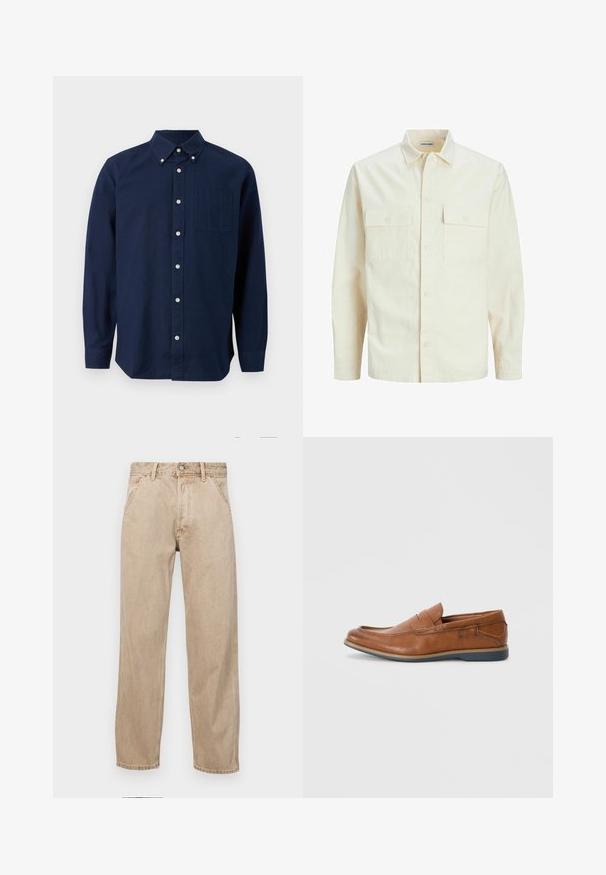 Gai bēšs garām piedurknēm krekls ar apkakles izgriezumu, divām priekšējām kabatām, pogu aizdari un teksturētu audumu.; Tumši zils garās piedurknes pogājamais krekls ar krūšu kabatu un pogājamu apkakli, izlikts uz balta fona.; Beige džinsi ar taisnu kāju dizainu, ar priekšējiem kabatām, metāla pogu aizdari un smalku faktūru.; Brūnas ādas loafers ar apaļu purngalu, ar šuvēm un zemu gumijas zoli. Dizainā ir josla pāri augšējai daļai.