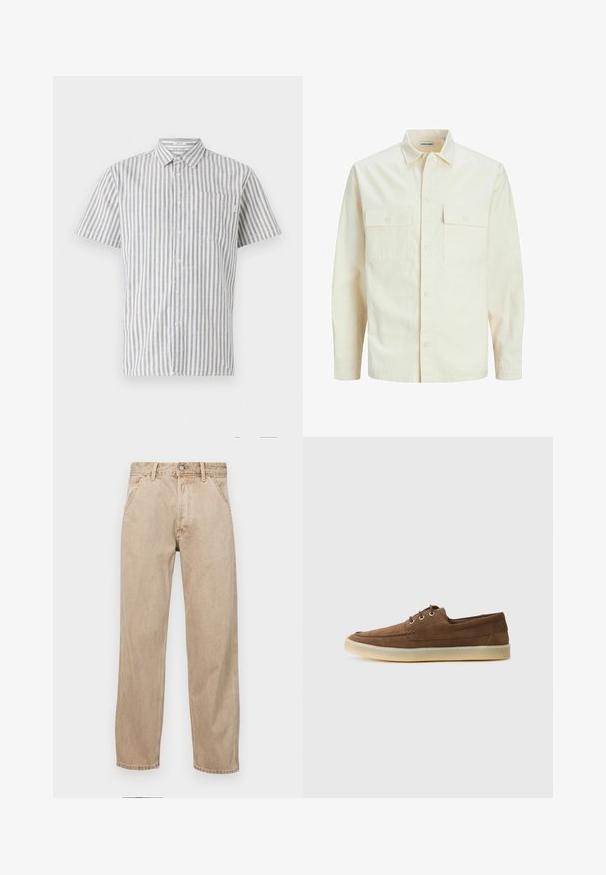 Világos bézs színű, hosszú ujjú ing, galléros nyakkal, két elülső zsebbel, gombos záródással és struktúrált anyaggal.; Rövid ujjú, gombos ing fehér és kék függőleges csíkokkal, mellzsebbel és klasszikus gallér kialakítással. Pamut keverék anyag.; Beige színű farmernadrág egyenes fazonnal, elülső zsebekkel, fém gombos záródással és diszkrét textúrával.; Barna velúr cipők alacsony profillal, fűzős kialakítással, gumitalppal és kontrasztos varrási részletekkel. Egyszerű és funkcionális stílus.