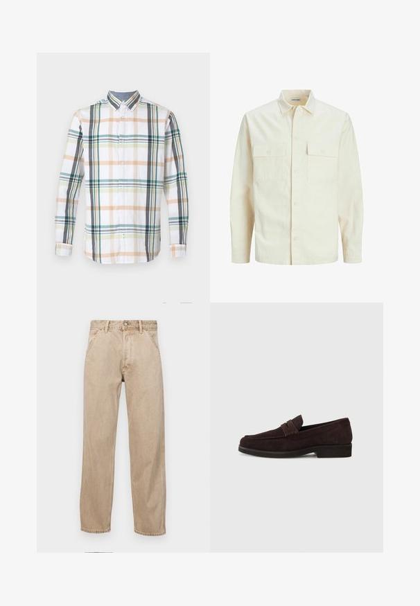 Vaaleanbeige pitkähihaisen paidan, jossa on kaulukset, kaksi etutaskua, nappikiinnitys ja tekstiilissä on tekstuuria.; Pitkähihainen napillinen paita valkoisesta kankaasta, jossa on monivärinen ruutukuvio vihreän, beige ja harmaan sävyissä.; Beige farkkuhousut suoranlahkeisella muotoilulla, joissa on etutaskut, metallinen nappisulku ja hillitty rakenne.; Ruske mokasiner i gamzene s niskim profilom i zaobljenim prednjim dijelom. Imaju ukrasnu traku preko gornjeg dijela, ravni gumeni potplat i bez vidljivih šavova.