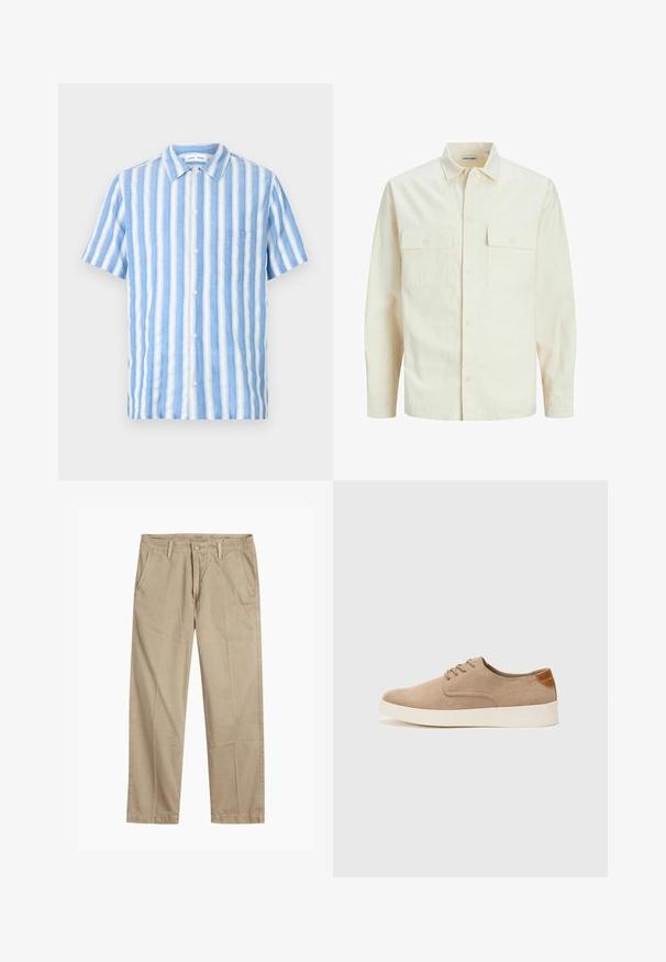 Világos bézs színű, hosszú ujjú ing, galléros nyakkal, két elülső zsebbel, gombos záródással és struktúrált anyaggal.; Világoskék és fehér függőleges csíkos, rövid ujjú ing, könnyű anyagból készült, gombos elejével és mellzsebével.; Beige egyenes szárú chino nadrág övhurkokkal, elülső gombos és cipzáras záródással, valamint ferde elülső zsebekkel.; Beige velúr sportcipő, kerek orral, fűzős elülső résszel és textúrált hátsó részlettel. Fehér gumitalp kontrasztot ad. Egyszerű és modern design.