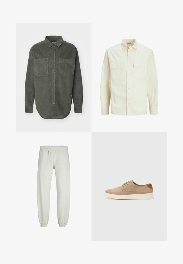 Chemise longue à manches longues beige clair avec un col, deux poches frontales, fermeture à boutons et un tissu texturé.; Chemise en velours côtelé vert avec une fermeture à boutons, col pointu, deux poches poitrine et manches longues avec poignets à boutons, présentant un ourlet droit.; Pantalons de survêtement blancs en tissu doux, avec une taille et des poignets élastiques, présentant une texture lisse et un design ample.; Baskets en daim beige avec un embout arrondi, un laçage sur le devant et un accent texturé à l'arrière. La semelle en caoutchouc blanche offre un contraste. Design simple et moderne.