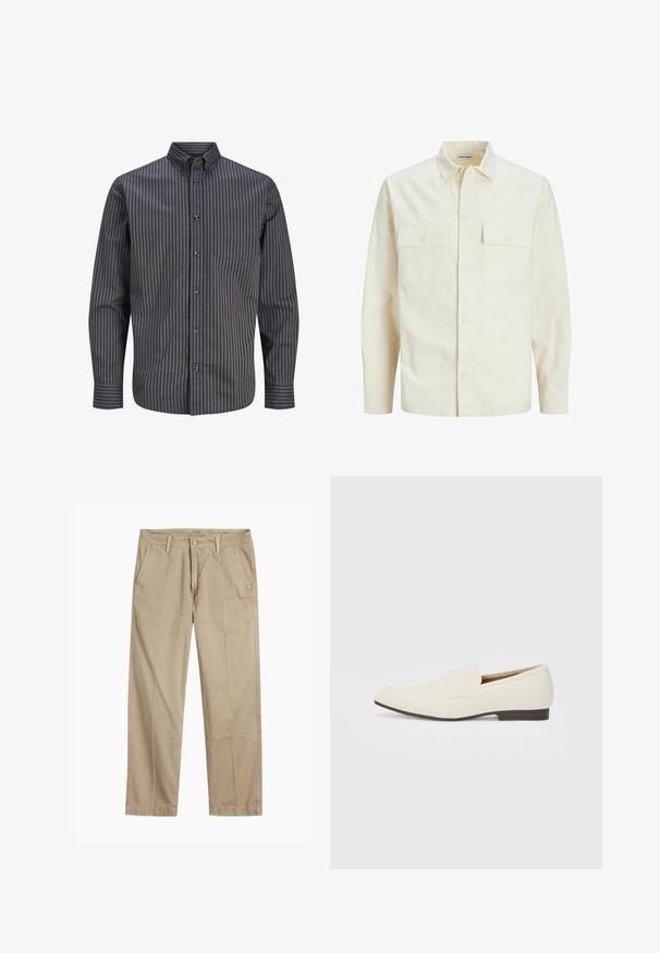 Gai bēšs garām piedurknēm krekls ar apkakles izgriezumu, divām priekšējām kabatām, pogu aizdari un teksturētu audumu.; Jack & Jones PREMIUM JPRBLUBROOK OXFORD NOOS - Krekls - brindle; Beigās taisnās kājas chinos bikses ar jostas cilpām, priekšējo pogu un rāvējslēdzēja aizdari, kā arī slīpām priekšējām kabatām.; Gai bēša kurpes ar smailu pirkstu, gludu materiālu, siksnu pāri pēdas daļai un zemu brūnu zoli. Vienkāršs dizains ar minimāliem akcentiem.