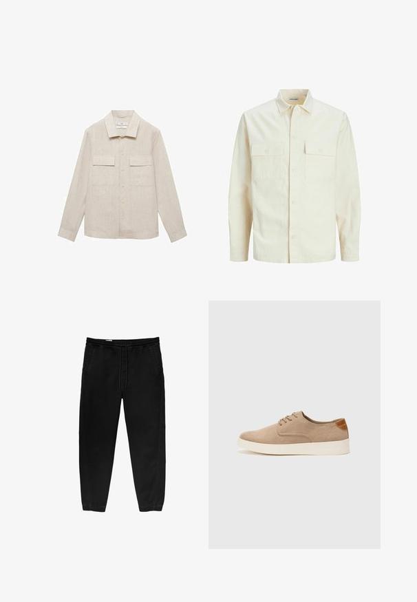 Svetlo bež srajca z dolgimi rokavi, ovratnim izrezom, dvema sprednjima žepoma, zapenjanjem na gumbe in teksturirano tkanino.; Linen srajca v svetlo bež barvi z gumbom spredaj, ostrim ovratnikom, dvema prsnikoma in dolgimi rokavi. Tkanina ima teksturiran zaključek.; Črne hlače z elastičnim pasom in vrvico, ožji nogi, stranskimi žepi in subtilnimi detajli šivanja na straneh. Mehka bombažna tekstura tkanine.; Bež tkanine usnjene superge z zaobljenim nosom, vezalkami na sprednji strani in teksturiranim zadnjim detajlom. Belo gumijasto podplato zagotavlja kontrast. Enostaven in sodoben dizajn.