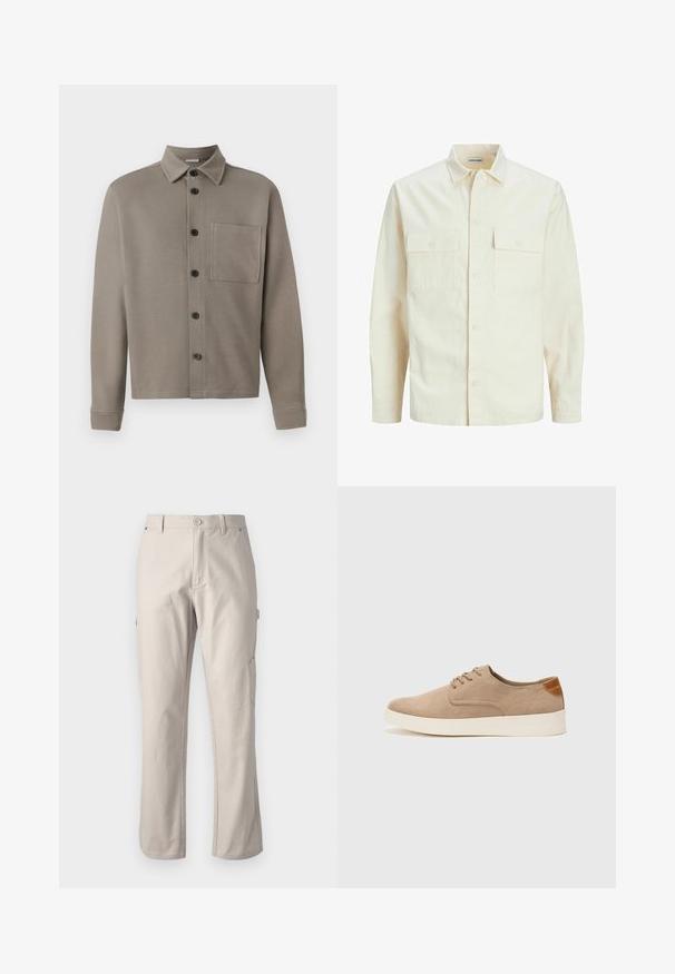 Lichtbeige langemouwen shirt met een kraaghalslijn, twee voorzakken, knoopsluiting en een gestructureerde stof.; Lichtgrijs overhemd met knopen gemaakt van zachte stof; heeft een puntige kraag, lange mouwen en een enkele borstzak. Zwarte knopen sieren de voorkant.; Beige cargobroek van stevig katoen met rechte pijpen, voorknopsluiting en zijzakken voor gebruiksgemak. Gladde textuur met subtiele stiksels.; Beige suède sneakers met een ronde neus, vetersluiting aan de voorkant en een getextureerde achteraccent. De witte rubberen zool zorgt voor contrast. Eenvoudig en modern ontwerp.