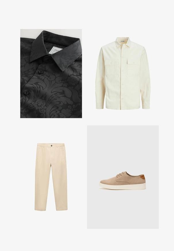 Světle béžová košile s dlouhým rukávem, límečkem, dvěma předními kapsami, zapínáním na knoflíky a strukturovanou tkaninou.; Černá košile s vzorovanou texturou, která zahrnuje květinové a abstraktní vzory, klasický límec a černé knoflíky. Na límci je viditelný štítek.; Bežové, volné kalhoty vyrobené z měkké tkaniny; mají elastický pas, přední kapsy a rovný střih nohavic.; Béžové semišové tenisky s kulatou špičkou, šněrováním vpředu a texturovaným zadním akcentem. Bílá gumová podrážka poskytuje kontrast. Jednoduchý a moderní design.