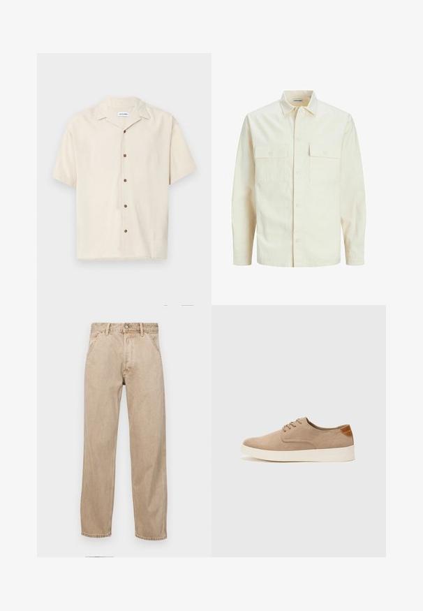 Světle béžová košile s dlouhým rukávem, límečkem, dvěma předními kapsami, zapínáním na knoflíky a strukturovanou tkaninou.; Krátký rukáv béžová košile vyrobená z hladké tkaniny. Má špičatý límec a hnědé knoflíky podél přední části.; Béžové džíny z denimu se středně širokým střihem, vybavené předními kapsami, kovovým zapínáním na knoflík a jemnou texturou.; Béžové semišové tenisky s kulatou špičkou, šněrováním vpředu a texturovaným zadním akcentem. Bílá gumová podrážka poskytuje kontrast. Jednoduchý a moderní design.