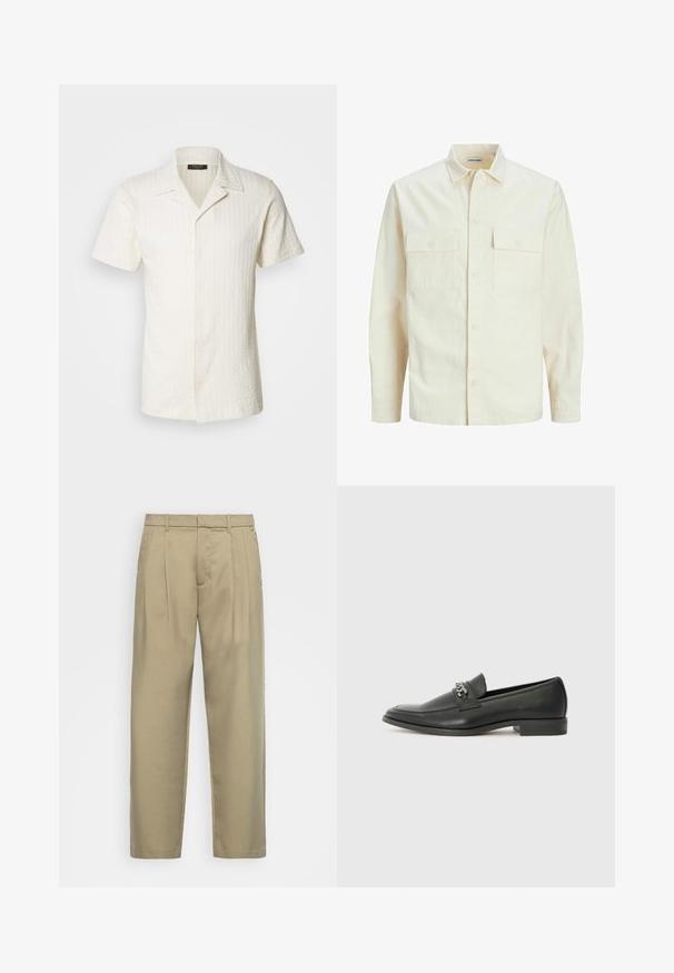 Svijetlo bež košulja dugih rukava s ovratnikom, dva prednja džepa, zatvaranje na dugmad i teksturirani materijal.; Košulja s kratkim rukavima, s kragnom u off-white teksturiranom pamučnom materijalu, s vertikalnim prugama i punim gumbima sprijeda.; Bež hlače visokog struka s ravnim krojem, s ravnim prednjim dijelom, bočnim džepovima i glatkom, teksturiranom tkaninom.; Crna kožna loafer cipela s glatkom finišem, s ušivenim uzorkom i dekorativnim metalnim lancem preko prednjeg dijela. Ravni potplat.