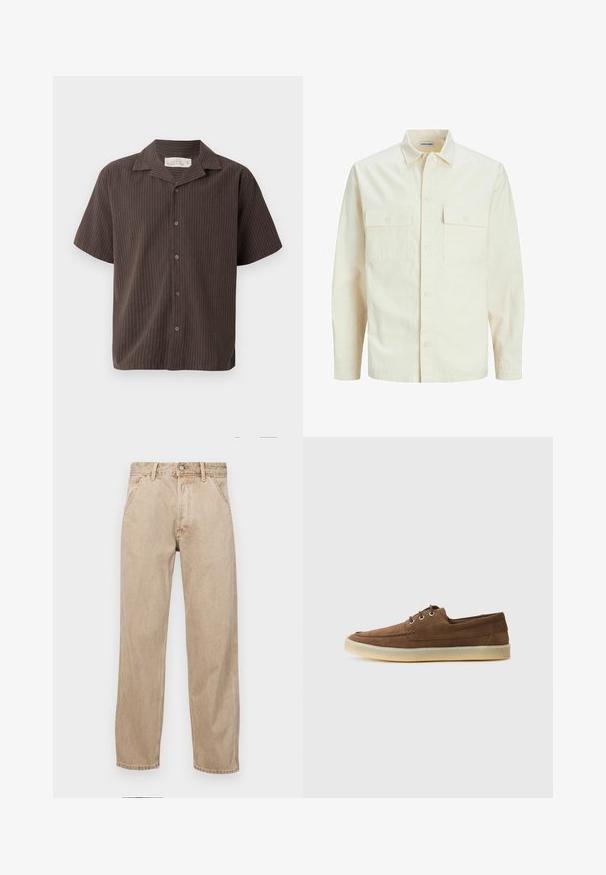 Chemise longue à manches longues beige clair avec un col, deux poches frontales, fermeture à boutons et un tissu texturé.; Chemise à manches courtes de couleur marron foncé avec des rayures verticales claires, design col, fermeture à boutons et coupe décontractée. Tissu doux et texture lisse.; Jeans en denim beige avec une coupe droite, dotés de poches avant, d'une fermeture à bouton en métal et d'une texture subtile.; Chaussures en suede marron à profil bas, avec un laçage, semelle en caoutchouc et des détails de couture contrastants. Style simple et fonctionnel.