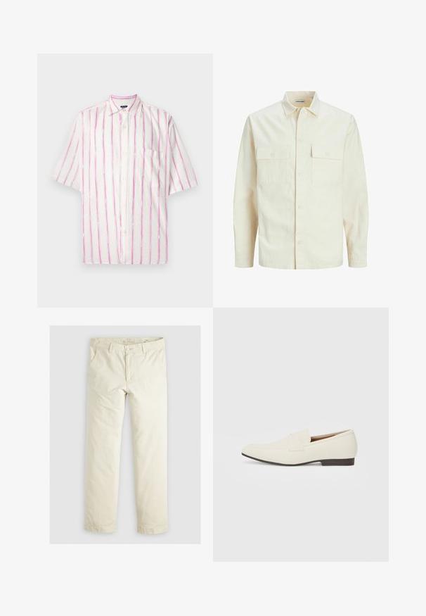 Világos bézs színű, hosszú ujjú ing, galléros nyakkal, két elülső zsebbel, gombos záródással és struktúrált anyaggal.; Rövidujjú, gombos ing fehér anyagból, rózsaszín és zöld függőleges csíkokkal. Bal oldalon zsebből is készült.; Világos bézs, laza szabású nadrág három zsebbel, övpántokkal és egyenes szárú kialakítással. Puha pamut keverék anyagból készült.; Világos bézs loaferek hegyes orral, sima anyagból, a lábfejen lévő pánttal és alacsony barna talppal. Egyszerű dizájn, minimális díszítéssel.