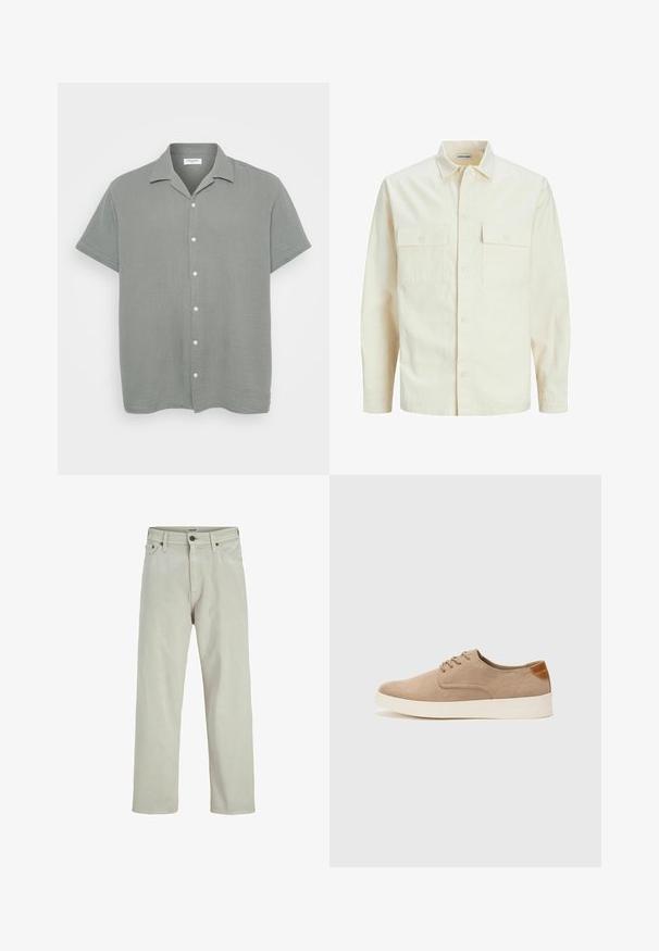 Gai bēšs garām piedurknēm krekls ar apkakles izgriezumu, divām priekšējām kabatām, pogu aizdari un teksturētu audumu.; Gaismē pelēks, īsām piedurknēm, ar apkakli krekls, izgatavots no teksturēta auduma ar nedaudz krunkainu izskatu. Priekšā ir balti pogas.; Gai krēmkrāsas džinsu bikses ar taisnu kāju dizainu, piecām kabatām un pogu aizdari viduklī, ar minimālām šuvju detaļām.; Beige zamšādas kedas ar noapaļotu purngala daļu, auklēm saplacinātu priekšpusi un teksturētu aizmugures akcentu. Balta gumijas zole nodrošina kontrastu. Vienkāršs un mūsdienīgs dizains.