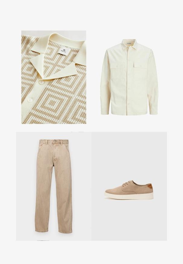 Hellbeige Langarmhemd mit klassischem Kragen, zwei Fronttaschen, Knopfverschluss und strukturiertem Stoff.; Next REGULAR FIT - SHORT SLEEVE GEOMETRIC PATTERN WITH CUBAN COLLAR
- Hemd - neutral; Beige Denim-Jeans mit geradem Beinschnitt, ausgestattet mit Vordertaschen, einem Metallknopfverschluss und feiner Textur.; Beige Wildleder-Sneaker mit runder Zehenpartie, Schnürung und strukturiertem Rückenteil. Die weiße Gummisohle sorgt für einen Kontrast. Einfaches und modernes Design.