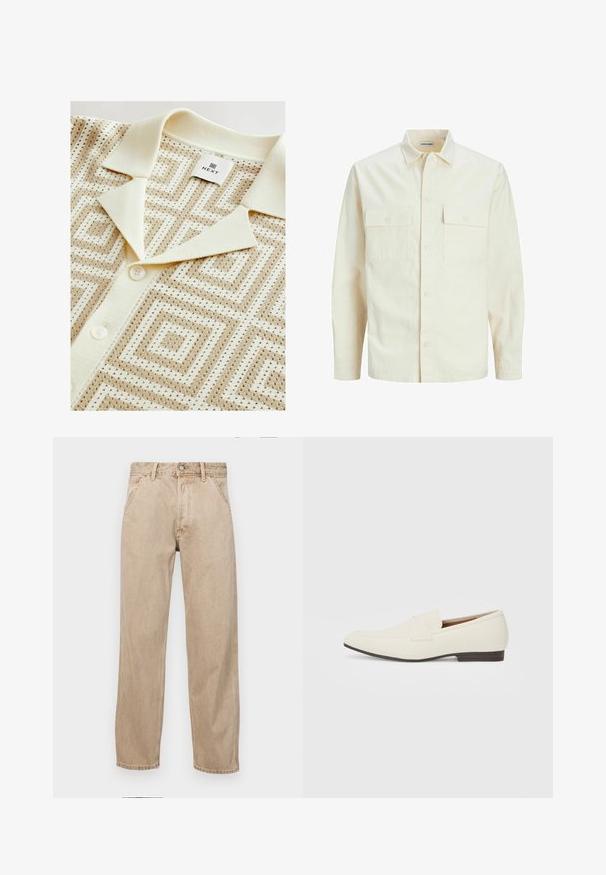Camicia beige chiaro a maniche lunghe con colletto, due tasche frontali, chiusura a bottoni e un tessuto texturizzato.; Next REGULAR FIT - SHORT SLEEVE GEOMETRIC PATTERN WITH CUBAN COLLAR
- Camicia - neutral; Jeans in denim beige con un design a gamba dritta, dotati di tasche frontali, chiusura con bottone metallico e una texture delicata.; Mocassini beige chiaro con punta affusolata, materiale liscio, una fascia sulla tomaia e una suola bassa marrone. Design semplice con accenti minimi.