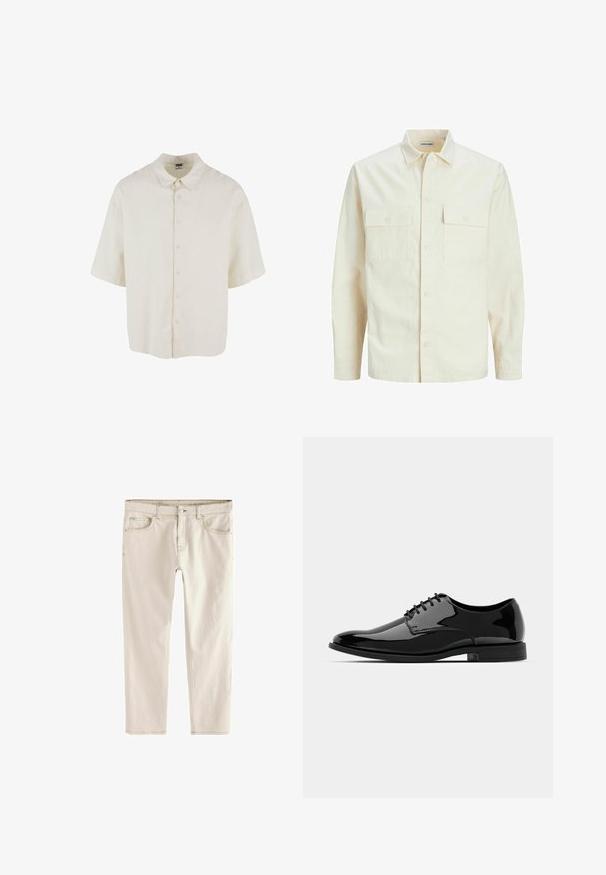 Lys beige langærmet skjorte med krave, to forlommer, knaplukning og et tekstureret stof.; Kortærmet skjorte i cremefarvet stof, med en afslappet pasform, knaplukning og klassisk kravedesign.; Lys beige slim-fit jeans med lige ben, fem lommer, knap- og lynlåslukning samt forstærket syning langs sømmene.; Sort lakeret dresssko med en afrundet tå, snørebåndsdesign og glat, skinnende overflade. Har en lavprofils gummisål.