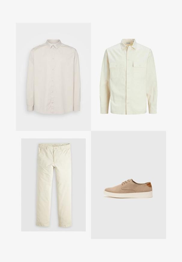 Lichtbeige langemouwen shirt met een kraaghalslijn, twee voorzakken, knoopsluiting en een gestructureerde stof.; Lange mouwen overhemd met knopen in lichtbeige katoen. Heeft een klassieke kraag, volledige knoopsluiting aan de voorkant en manchetten met knopen. Glad van textuur.; Lichtbeige losse broek met drie zakken, riemlussen en een recht model. Gemaakt van een zachte katoenmix.; Beige suède sneakers met een ronde neus, vetersluiting aan de voorkant en een getextureerde achteraccent. De witte rubberen zool zorgt voor contrast. Eenvoudig en modern ontwerp.