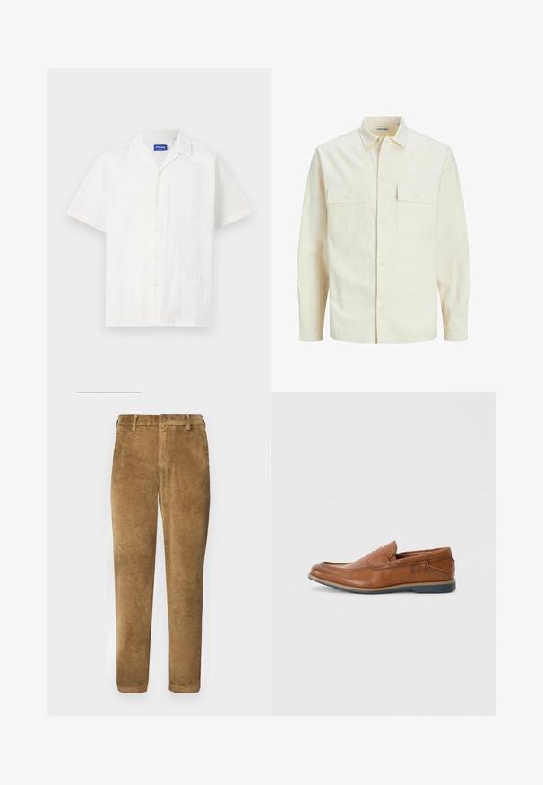 Světle béžová košile s dlouhým rukávem, límečkem, dvěma předními kapsami, zapínáním na knoflíky a strukturovanou tkaninou.; Bílá košile s krátkým rukávem a zapínáním na knoflíky, zdobená složitými vzory na přední straně a klasickým designem límečku.; Hnědé kordové kalhoty s vertikálním žebrovaným vzorem, rovný střih, zapínání na knoflíky a poutka na opasek. Hladká látka s jemným povrchem.; Hnědé kožené mokasíny s kulatou špičkou, prošívanými detaily a nízkou gumovou podrážkou. Design zahrnuje pásek přes vrch.