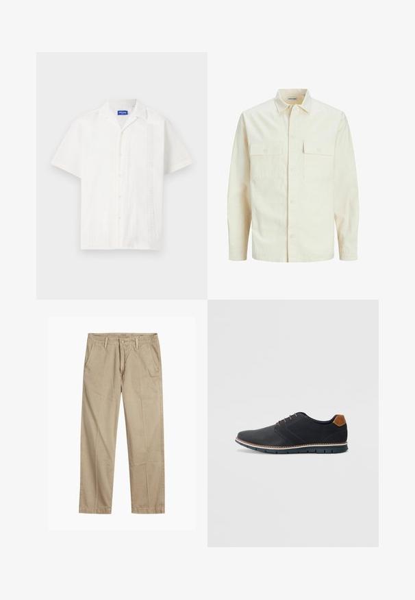 Lichtbeige langemouwen shirt met een kraaghalslijn, twee voorzakken, knoopsluiting en een gestructureerde stof.; Witte kortmouw overhemd met knoopsluiting, met ingewikkelde patronen langs de voorkant en een klassiek kraagontwerp.; Beige rechte pijpen chinos met riemlussen, voorkant met knoop en rits sluiting, en schuine voorzakken.; Zwarte synthetische schoenen met een gestructureerde bovenkant, gladde accenten, bruine hak en een contrasterende zool. Bevat minimale veters en stikdetails.