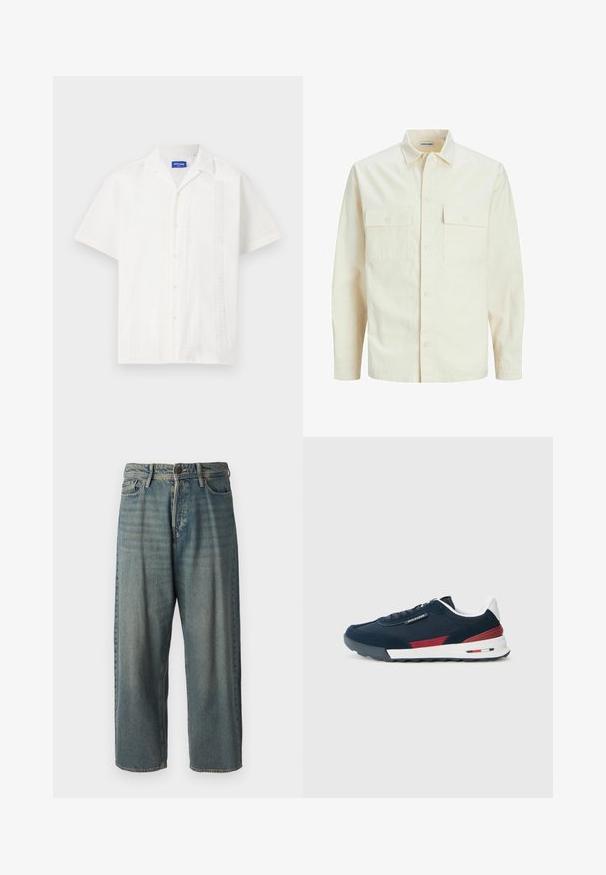 Light beige long-sleeve shirt with a collared neckline, two front pockets, button closure, and a textured fabric.; White short-sleeve shirt with button closure, featuring intricate patterns along the front and a classic collar design.; Light blue denim jeans with a loose fit, mid-rise waist, and straight legs. Features five pockets, belt loops, and a button closure.; Navy blue sneaker with suede and mesh material, red accent, white heel, and white rubber sole. Features flat laces and stitched detailing.