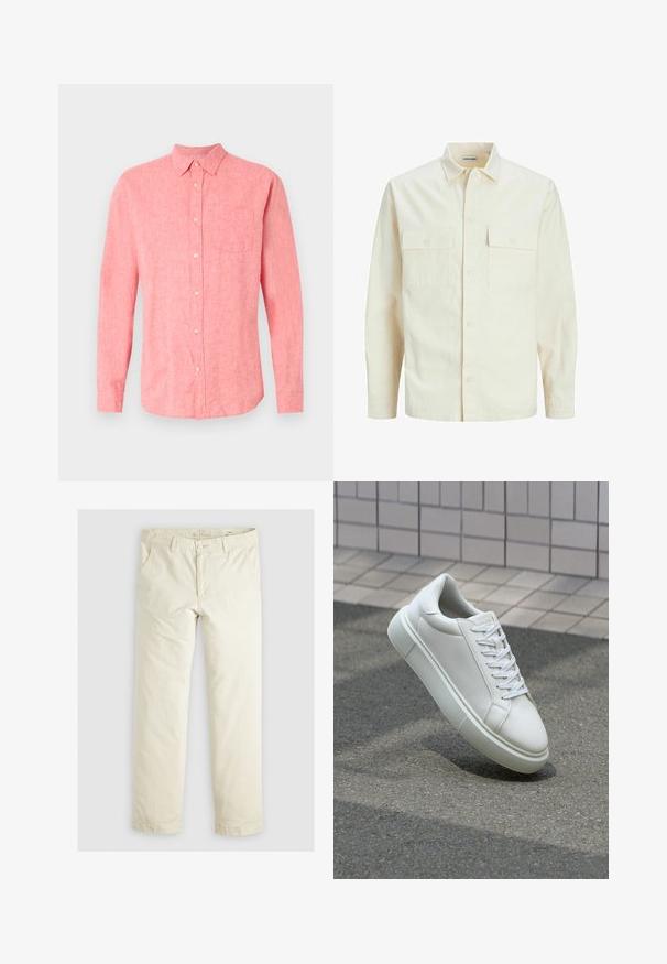 Világos bézs színű, hosszú ujjú ing, galléros nyakkal, két elülső zsebbel, gombos záródással és struktúrált anyaggal.; Rövidujjú ing világos rózsaszín lenvászonból, gombos elülső résszel, egyetlen mellzsebbel és klasszikus gallérral. Puha tapintású, laza szabással.; Világos bézs, laza szabású nadrág három zsebbel, övpántokkal és egyenes szárú kialakítással. Puha pamut keverék anyagból készült.; Fehér bőr sportcipő sima felülettel, kerek orral és lapos fehér fűzőkkel. Texturált gumitalppal és minimális dizájnelemekkel rendelkezik.
