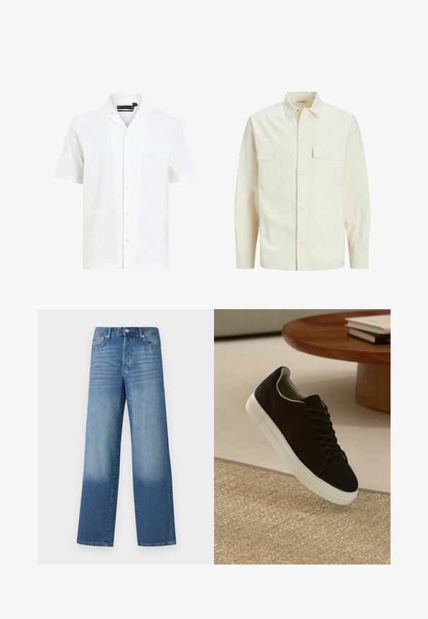 Gai bēšs garām piedurknēm krekls ar apkakles izgriezumu, divām priekšējām kabatām, pogu aizdari un teksturētu audumu.; Balta īsām piedurknēm krekls no mīksta auduma, ar izgriezumu apkaklē, sešām pogām uz priekšu un brīvu piegriezumu.; Zilas augstās jostasvietas taisnas kāju džinsas ar nodilumu uz augšstilbiem un tumšāku nokrāsu pie apakšmalām, redzami priekšējie pogas un kabatas.; Melni sporta apavi ar baltu zoli, kas peld virs bēša tekstūrēta paklāja netālu no apaļa koka galda ar sakrautiem grāmatām.