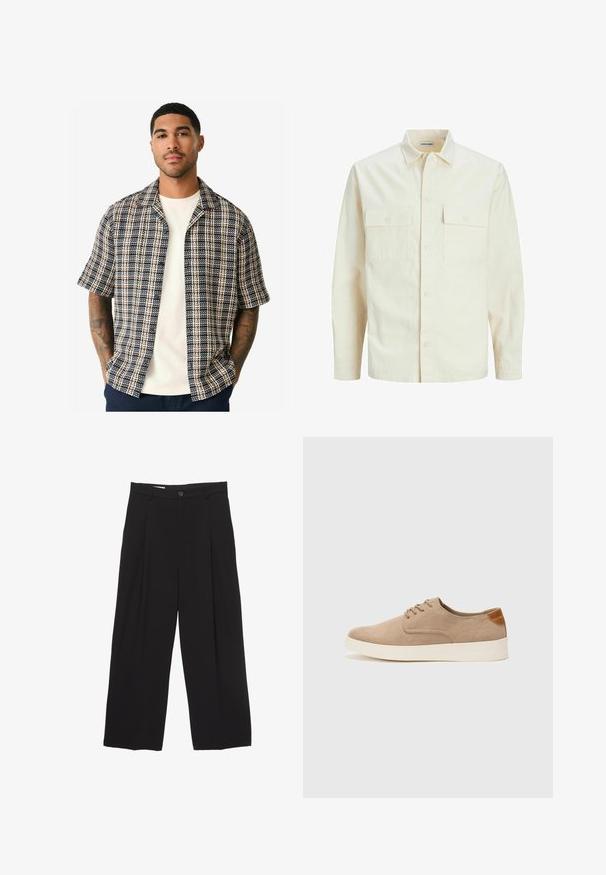 Svetlo bež srajca z dolgimi rokavi, ovratnim izrezom, dvema sprednjima žepoma, zapenjanjem na gumbe in teksturirano tkanino.; Majica s kratkimi rokavi, ki ima mornarsko modro, kremasto in rjavo karirano vzorčenje, izdelana iz tkanine, z sproščenim krojem in odprtim ovratnikom.; Črne široke hlače iz gladkega blaga, z ravnim pasom, sprednjimi povešalnimi pregibi in enim gumbom za zapiranje.; Bež tkanine usnjene superge z zaobljenim nosom, vezalkami na sprednji strani in teksturiranim zadnjim detajlom. Belo gumijasto podplato zagotavlja kontrast. Enostaven in sodoben dizajn.