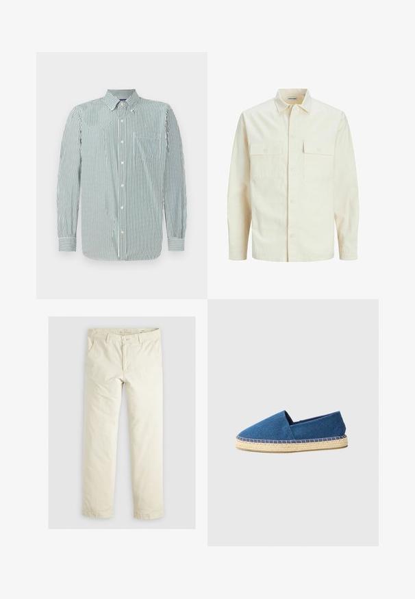 Lys beige langærmet skjorte med krave, to forlommer, knaplukning og et tekstureret stof.; Stribet skjorte i lys grøn og hvid stof, med krave, lange ærmer og en enkelt brystlomme. Lodrette striber mønster.; Lys beige løstsiddende bukser med tre lommer, bæltestropper og lige ben. Fremstillet af et blødt bomuldsblandingsstof.; Blå lærred espadrille med lukket tå, jute sål og syning i kanten. Glat stofstruktur og lavprofil design.