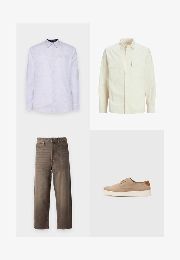 Světle béžová košile s dlouhým rukávem, límečkem, dvěma předními kapsami, zapínáním na knoflíky a strukturovanou tkaninou.; Bílá košile s dlouhými rukávy a malými námořnickými puntíky, s límcem na knoflíky a kapsou na hrudi. Má knoflíkové manžety a hladkou texturu.; Hnědé široké džíny vyrobené z denimu. Mají zip, poutka na opasek a pět kapes. Látka má vybledlý, texturovaný vzhled.; Béžové semišové tenisky s kulatou špičkou, šněrováním vpředu a texturovaným zadním akcentem. Bílá gumová podrážka poskytuje kontrast. Jednoduchý a moderní design.