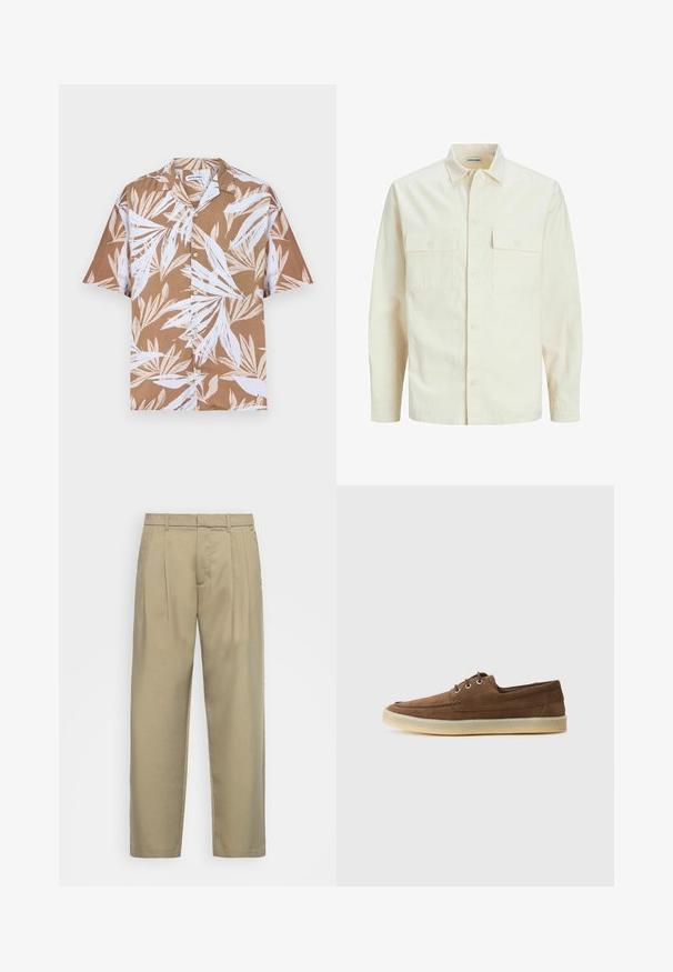 Svetlo béžová košeľa s dlhým rukávom, s golierom, dvoma prednými vreckami, zapínaním na gombíky a textúrovanou látkou.; Hnedá košeľa s krátkym rukávom, zapínaná na gombíky, s bielymi tropickými listovými vzormi, vyrobená z ľahkého materiálu, s uvoľneným strihom a klasickým golierom.; Béžové, vysoké nohavice s rovnými nohavicami, s plochým predným dielom, bočnými vreckami a hladkým, textúrovaným materiálom.; Hnedé semišové topánky s nízkym profilom, šnurovací dizajn, gumená podrážka a kontrastné šitie. Jednoduchý a funkčný štýl.