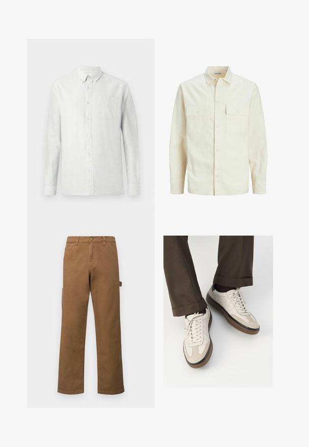 Lichtbeige langemouwen shirt met een kraaghalslijn, twee voorzakken, knoopsluiting en een gestructureerde stof.; Lichtgekleurde, langarmige shirt met verticale strepen, een button-down kraag en een borstzak. De stof lijkt gestructureerd met een zachte afwerking.; Bruine katoenen cargobroek met rechte pijpen, uitgerust met zijzakken en een metalen knoopsluiting in de taille. Glad textuur en casual ontwerp.; Beige sneakers met een leren voorkant van textuur-suède, gladde leren zijkanten en een bruine rubberen zool. Veters en lichte stikseldetails inbegrepen.