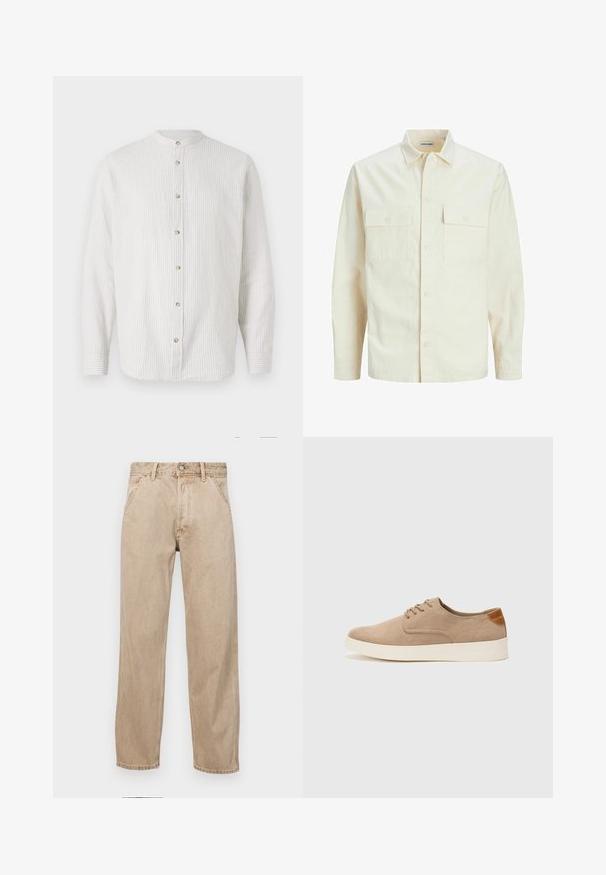 Világos bézs színű, hosszú ujjú ing, galléros nyakkal, két elülső zsebbel, gombos záródással és struktúrált anyaggal.; Csíkos, világoskrém és finom bézs színű ing, álló gallérral, hosszú ujjal és kerek gombokkal az elején.; Beige színű farmernadrág egyenes fazonnal, elülső zsebekkel, fém gombos záródással és diszkrét textúrával.; Beige velúr sportcipő, kerek orral, fűzős elülső résszel és textúrált hátsó részlettel. Fehér gumitalp kontrasztot ad. Egyszerű és modern design.