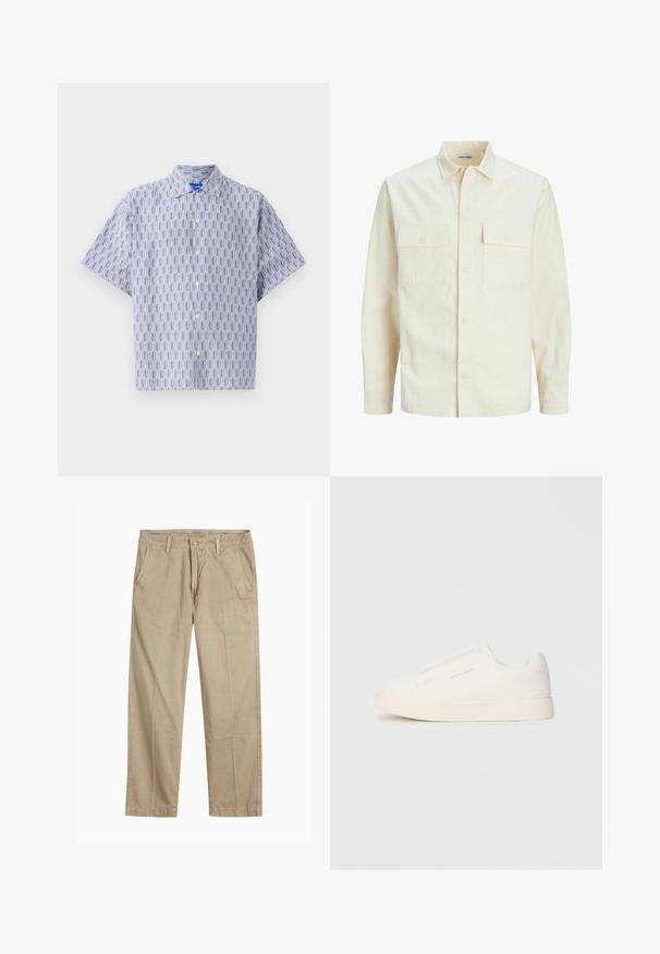 Lichtbeige langemouwen shirt met een kraaghalslijn, twee voorzakken, knoopsluiting en een gestructureerde stof.; Korte mouwen overhemd met knopen in lichtblauw met een donkerblauw geometrisch patroon. Voorzien van een kraag en een ontspannen pasvorm. Gemaakt van lichtgewicht stof.; Beige rechte pijpen chinos met riemlussen, voorkant met knoop en rits sluiting, en schuine voorzakken.; Witte instap sneakers met een gestructureerd oppervlak, een dikke zool en een minimalistisch ontwerp. Bevat het merklogo aan de zijkant.