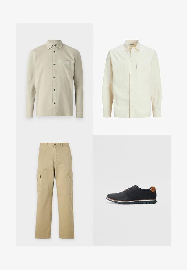 Šviesiai smėlio spalvos ilgomis rankovėmis marškiniai su apykakle, dviem priekinėmis kišenėmis, mygtukų uždarymu ir tekstūruota medžiaga.; Ilgų rankovių marškiniai su mygtukais šviesiai kreminės spalvos audinyje. Pasižymi smailiu apykaklė, krūtinės kišene ir juodais mygtukais. Paprastas, tekstūruotas dizainas.; Kreminės spalvos cargos kelnės, pagamintos iš medvilnės, su dviem šoninėmis kišenėmis, mygtukų užsegimu ir tiesiomis kojomis, šiek tiek tekstūruotu audiniu.; Juodi sintetiniai batai su tekstūruotu paviršiumi, lygiomis detalėmis, ruda kulna ir kontrastingu padu. Yra minimalus raištelių užsidėjimas ir siuvimo detalės.