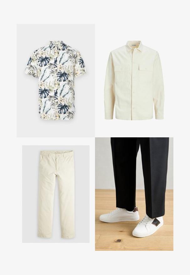 Světle béžová košile s dlouhým rukávem, límečkem, dvěma předními kapsami, zapínáním na knoflíky a strukturovanou tkaninou.; Košile s krátkým rukávem s bílým základem a tropickým potiskem, který obsahuje modré a zelené listy, žluté květiny a zapínání na knoflíky.; Svetlé béžové volné kalhoty s třemi kapsami, poutky na opasek a rovnými nohavicemi. Vyrobeno z měkké směsi bavlny.; Bílé tenisky s hladkým povrchem, s hnědými koženými akcenty a černými detaily, kombinované s černými kalhotami na míru. Pozadí tvoří dřevěná podlaha.