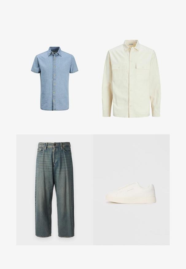 Camicia beige chiaro a maniche lunghe con colletto, due tasche frontali, chiusura a bottoni e un tessuto texturizzato.; Camicia in denim a maniche corte di colore azzurro chiaro, con chiusura a bottoni, collo a punta e una texture liscia con dettagli di cucitura minimi.; Jeans di denim azzurro chiaro con vestibilità ampia, vita media e gambe dritte. Presenta cinque tasche, passanti per cintura e chiusura con bottone.; Sneakers bianchi slip-on con superficie texturizzata, suola spessa e design minimalista. Presentano il logo del marchio sul lato.