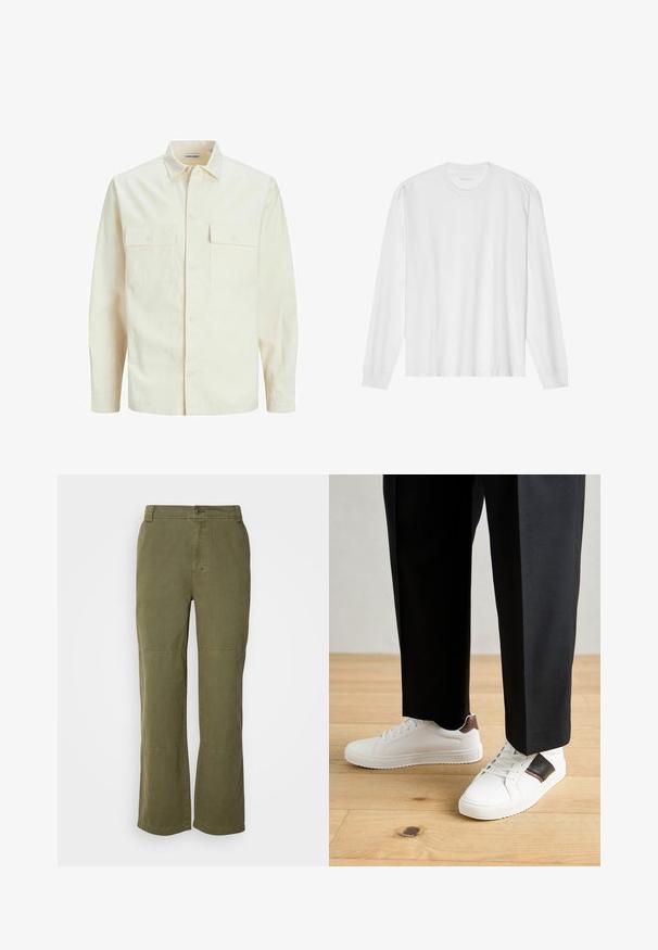 Svetlo bež srajca z dolgimi rokavi, ovratnim izrezom, dvema sprednjima žepoma, zapenjanjem na gumbe in teksturirano tkanino.; Bela bombažna majica z dolgimi rokavi in posadnim izrezom ter rebrastimi manšetami. Preprost, neokrašen dizajn, ki se ponaša z gladko teksturo in standardnim krojem.; Olive zelene bombažne hlače s ravnim krojem, vidnim gumbom za zapiranje in dodatnimi šivi na kolenih za več podrobnosti in strukture.; Beli športni copati z gladko teksturo, okrašeni z rjavimi usnjenimi detajli in črnimi poudarki, v kombinaciji s črnimi krojenimi hlačami. Ozadje iz lesenih tal.