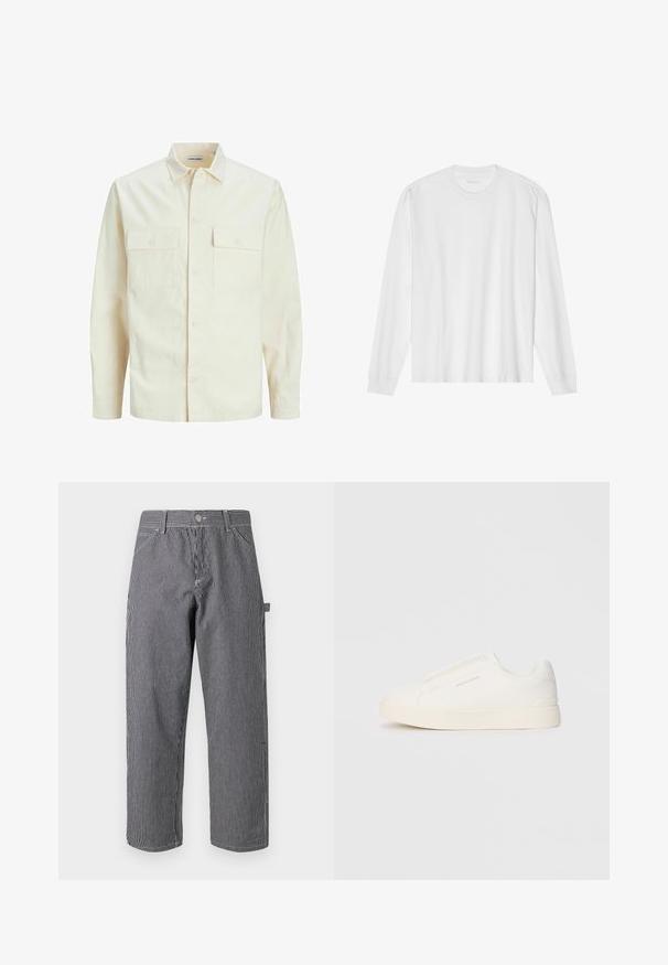 Cămașă lungă cu mâneci lungi de culoare bej deschis, cu guler, două buzunare frontale, închidere cu butoane și un material texturat.; Tricou alb din bumbac, cu mânecă lungă, gât rotund și manșete ribotate. Design simplu, fără ornamentație, cu o textură netedă și o croială standard.; Pantaloni în dungi dintr-un amestec de bumbac, cu dungi verticale negre și albe, cu închidere prin buton și design cu buzunare laterale.; Tenisi albi slip-on cu o suprafață texturată, talpă groasă și un design minimalist. Prezintă logo-ul brandului pe lateral.