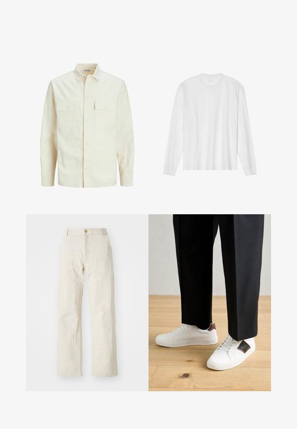 Svetlo béžová košeľa s dlhým rukávom, s golierom, dvoma prednými vreckami, zapínaním na gombíky a textúrovanou látkou.; Dlhý rukáv, biela bavlnená tričko s okrúhlym výstrihom a rebrovanými manžetami. Jednoduchý, bezvýzdobový dizajn s hladkou textúrou a štandardným strihom.; Béžové nohavice s širokými nohavicami vyrobené z bavlny, s gombíkovým zapínaním, dvoma bočnými vreckami a rovný strih, s hladkou textúrou.; Biele tenisky s hladkým povrchom, s hnedými koženými akcentmi a čiernymi detailmi, spárované s čiernymi elegantnými nohavicami. Pozadím je drevená podlaha.