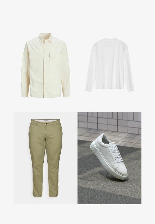 Chemise longue à manches longues beige clair avec un col, deux poches frontales, fermeture à boutons et un tissu texturé.; T-shirt en coton blanc à manches longues avec un col rond et des poignets côtelés. Design simple et sans ornements, avec une texture lisse et une coupe standard.; Chinos beige avec une coupe slim, dotés d'une fermeture à bouton à l'avant, de passants de ceinture et de poches latérales. Tissu en coton lisse avec une texture douce.; Baskets en cuir blanc avec une surface lisse, bout rond et lacets plats blancs. Présentent une semelle en caoutchouc texturée et des éléments de design minimalistes.