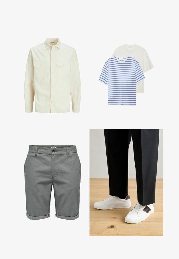 Šviesiai smėlio spalvos ilgomis rankovėmis marškiniai su apykakle, dviem priekinėmis kišenėmis, mygtukų uždarymu ir tekstūruota medžiaga.; Du šortų rankovių marškinėliai: vieni balti su mėlynomis juostelėmis, o kiti vientisi šviesiai kreminiai. Minkšta medvilnė, apvalios iškirptės dizainas, laisvas pritaikymas.; Pilki šortai pagaminti iš tekstūruoto audinio, su mygtukų užsegimu, šoninėmis kišenėmis ir apverčiamais kraštais, suteikiančiais elegantišką išvaizdą.; Balti sportbačiai su glotnia danga, puošti rudais odiniais akcentais ir juodais detalėmis, derinami su juodais pritaikytais kelnėmis. Medinių grindų fonas.