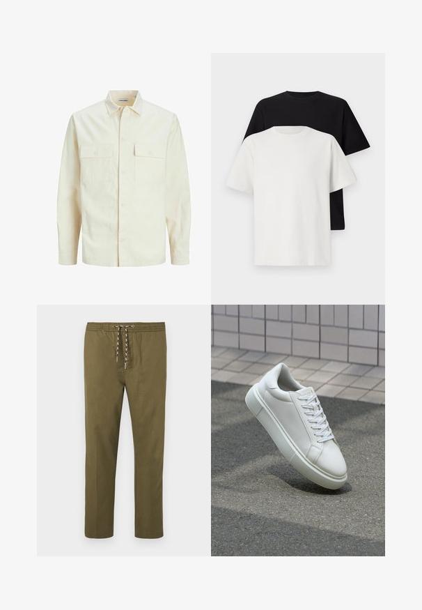 Lichtbeige langemouwen shirt met een kraaghalslijn, twee voorzakken, knoopsluiting en een gestructureerde stof.; Katoenen T-shirt set met een zwarte top en een witte top, beide met korte mouwen, ronde hals en een standaard pasvorm. Textuurstof.; Olijfgroene broek met een elastische tailleband en verstelbare trekkoord. Rechtdoorgang ontwerp; stof heeft een gladde, zachte textuur.; Witte leren sneaker met een glad oppervlak, ronde neus en platte witte veters. Voorzien van een gestructureerde rubberen zool en minimale ontwerpelementen.