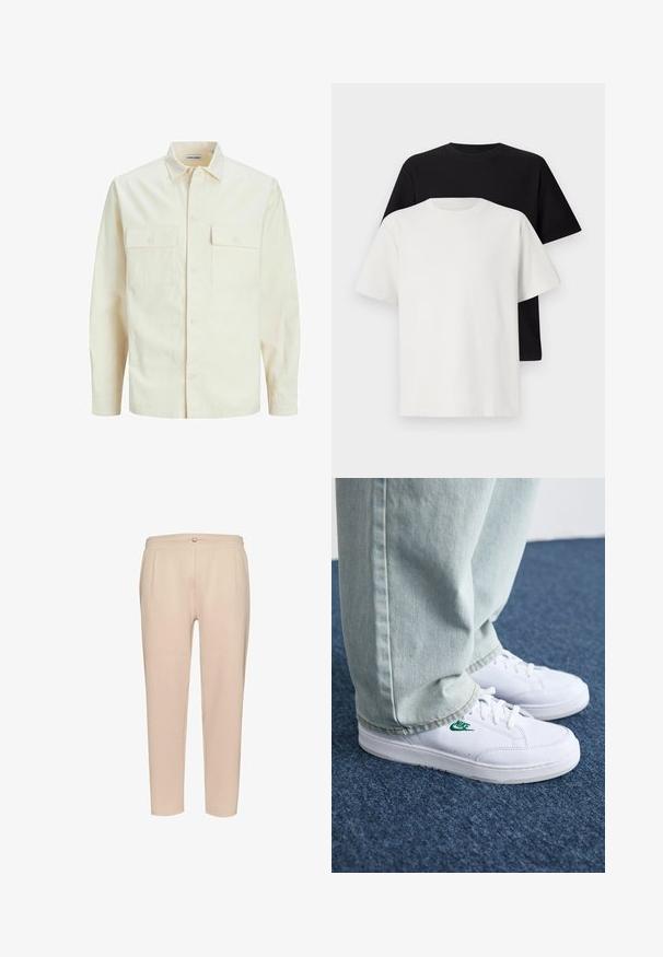 Camicia beige chiaro a maniche lunghe con colletto, due tasche frontali, chiusura a bottoni e un tessuto texturizzato.; Set di t-shirt in cotone composto da una maglietta nera e una bianca, entrambe con maniche corte, scollatura rotonda e vestibilità standard. Tessuto testurizzato.; Pantaloni beige a coste con vita aderente, caratterizzati da pieghe frontali, una piccola chiusura a bottone e gambe affusolate. Texture morbida.; Sneakers in pelle bianca con logo Nike verde, punta rotonda, suola piatta, abbinati a pantaloni in denim azzurro, mostrati su un tappeto blu.