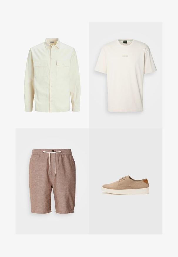 Camisa de manga larga color beige claro con cuello, dos bolsillos frontales, cierre de botones y una tela texturizada.; BOSS TEE - Camiseta básica - open white; Pantalones cortos de lino marrón con cinturilla elástica, cierre con cordón y dobladillo enrollado. Presenta una textura sutil y elementos de diseño minimalistas.; Zapatillas de ante beige con puntera redondeada, cordones en la parte delantera y un acento texturizado en la parte trasera. La suela de goma blanca proporciona contraste. Diseño sencillo y moderno.