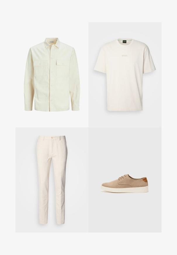 Camicia beige chiaro a maniche lunghe con colletto, due tasche frontali, chiusura a bottoni e un tessuto texturizzato.; BOSS TEE - T-shirt basic - open white; Pantaloni su misura color beige chiaro realizzati in tessuto morbido. Presentano una chiusura a bottone, passanti per la cintura e un design slim e dritto con texture minima.; Sneaker in suede beige con punta arrotondata, stringhe davanti e un accento testurizzato sul retro. La suola in gomma bianca offre un contrasto. Design semplice e moderno.