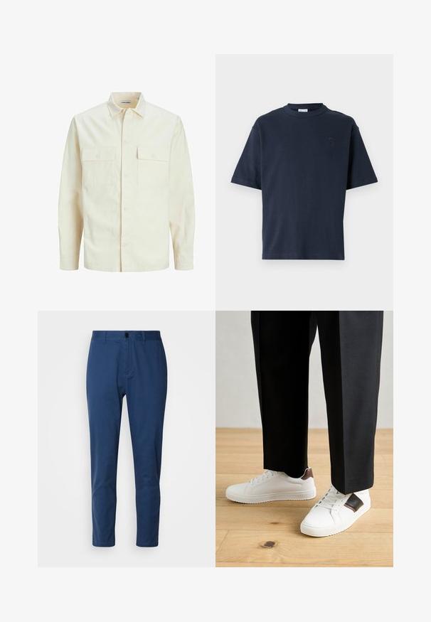 Světle béžová košile s dlouhým rukávem, límečkem, dvěma předními kapsami, zapínáním na knoflíky a strukturovanou tkaninou.; Námořnická modrá tričko s krátkým rukávem vyrobené z bavlny. Má kulatý výstřih a diskrétní logo na hrudi. Rovný střih bez vzorů.; Námořnické modré bavlněné kalhoty se hladkou texturou, rovnými nohavicemi a knoflíkovým zapínáním v pase. Nemají viditelné vzory ani kovové prvky.; Bílé tenisky s hladkým povrchem, s hnědými koženými akcenty a černými detaily, kombinované s černými kalhotami na míru. Pozadí tvoří dřevěná podlaha.