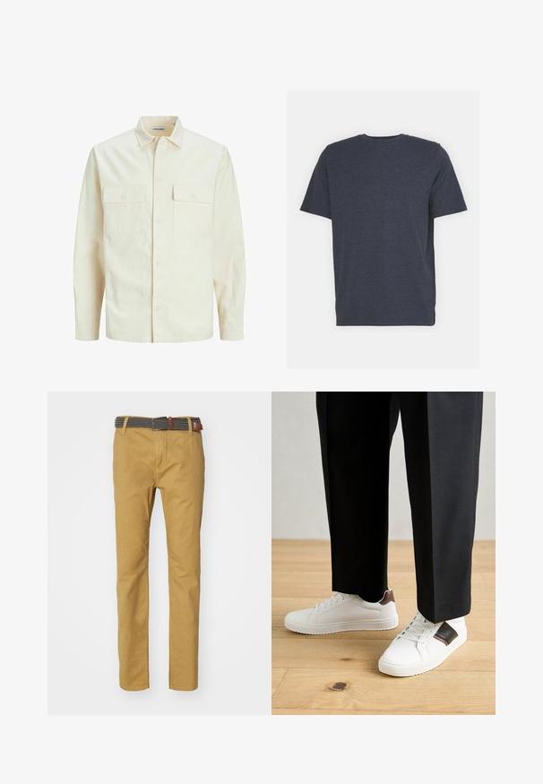 Gai bēšs garām piedurknēm krekls ar apkakles izgriezumu, divām priekšējām kabatām, pogu aizdari un teksturētu audumu.; Jūras zila apdalījuma T-krekls ar apaļu kakla izgriezumu, izgatavots no maiga kokvilnas auduma, ar īsām piedurknēm un regular fit piegriezumu. Nav redzamu rakstu vai akcentu.; Khaķi chinos ar pieguļošu piegriezumu, izgatavoti no kokvilnas, ar teksturētu pelēku un melnu austu jostu ar brūniem ādas akcentiem.; Baltā pārsoļa apavi ar gludu tekstūru, papildināti ar brūniem ādas akcentiem un melniem elementiem, savienoti ar melnām pielāgotām biksēm. Koka grīdas fons.