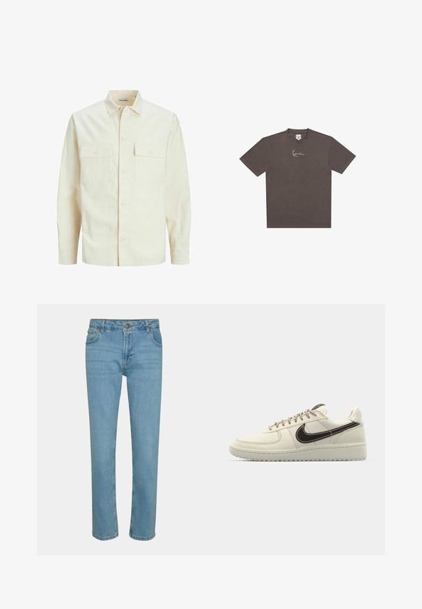 Svetlo bež srajca z dolgimi rokavi, ovratnim izrezom, dvema sprednjima žepoma, zapenjanjem na gumbe in teksturirano tkanino.; Temno siva bomba majica iz bombaža s krojaškim ovratnikom, kratkimi rokavi in belim podpisom grafiko na levi strani prsnega koša.; Svetlo modri traper hlače s ravnim krojem, stil petih žepov in gumbastim zapiranjem. Gladka tekstura in minimalistični šivi.; Beige usnjeni športniki z belo gumijasto podlogo, ki imajo temno rjavo odbojnico, šivane detajle in sivo vezalke.