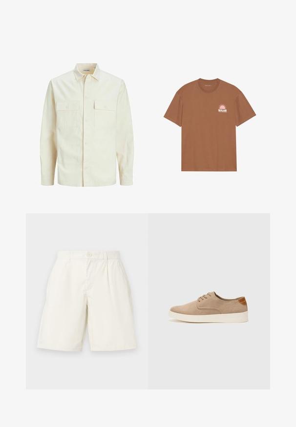Gai bēšs garām piedurknēm krekls ar apkakles izgriezumu, divām priekšējām kabatām, pogu aizdari un teksturētu audumu.; Brūna īsām piedurknēm T-krekls, kas izgatavots no kokvilnas, ar rozā saules grafiku un tekstu "SOLAR" uz kreisā krūšu daļas. Ar apaļu kakla izgriezumu.; Balti kokvilnas šorti ar taisnu griezumu, ar pogu aizdari un sānu kabatām. Gluda tekstūra un nekādu redzamu rakstu.; Beige zamšādas kedas ar noapaļotu purngala daļu, auklēm saplacinātu priekšpusi un teksturētu aizmugures akcentu. Balta gumijas zole nodrošina kontrastu. Vienkāršs un mūsdienīgs dizains.