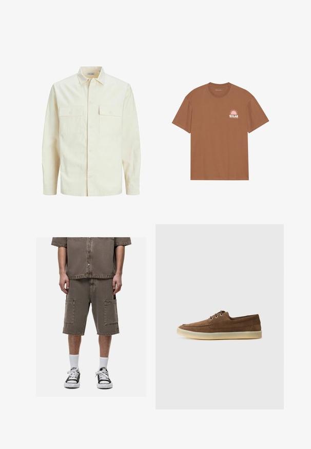 Jasno beżowa koszula z długim rękawem, z kołnierzykiem, dwoma kieszeniami z przodu, zapięciem na guziki i teksturowanym materiałem.; Brązowa koszulka z krótkim rękawem wykonana z bawełny, z różową grafiką słońca i napisem "SOLAR" na lewej piersi. Design z okrągłym dekoltem.; Brązowa denimowa koszula z krótkim rękawem z guzikami, zestawiona z pasującymi szortami cargo z dwoma dużymi przednimi kieszeniami, noszona z białymi skarpetami teksturowanymi i czarnymi tenisówkami.; Brązowe zamszowe buty o niskim profilu, sznurowanym designie, gumowej podeszwie i kontrastowych detalach w szwie. Prosty i funkcjonalny styl.