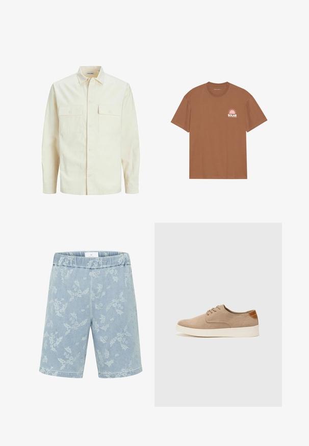 Šviesiai smėlio spalvos ilgomis rankovėmis marškiniai su apykakle, dviem priekinėmis kišenėmis, mygtukų uždarymu ir tekstūruota medžiaga.; Rudas trumpas rankovėmis marškinėliai, pagaminti iš medvilnės, su rožiniu saulės grafinu ir užrašu "SOLAR" kairėje krūtinės pusėje. Apvalaus iškirpimo fasonas.; Šviesiai mėlyni džinsiniai šortai su subtiliu gėlių raštu, elastingu juosmeniu ir tiesiu kirpimu. Kišenių nematyti.; Bežiniai zomšiniai sportbačiai su apvaliomis pirštų dalimis, raišteliais priekyje ir tekstūruotu užkulniu. Balta guma suteikia kontrastą. Paprastas ir modernus dizainas.