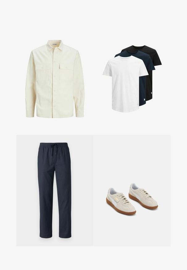 Lichtbeige langemouwen shirt met een kraaghalslijn, twee voorzakken, knoopsluiting en een gestructureerde stof.; Drie T-shirts met korte mouwen in wit, donker marineblauw en zwart. Gemaakt van katoen, met een ronde hals en rechte zoom. Eenvoudig ontwerp, geen patronen.; Only & Sons ONSSINUS LOOSE FIT - Broek - dark navy; Beige suède sneakers met witte leren accenten en bruine rubberen zolen. Voorzien van een ronde neus, veters en een gouden logo aan de zijkant.