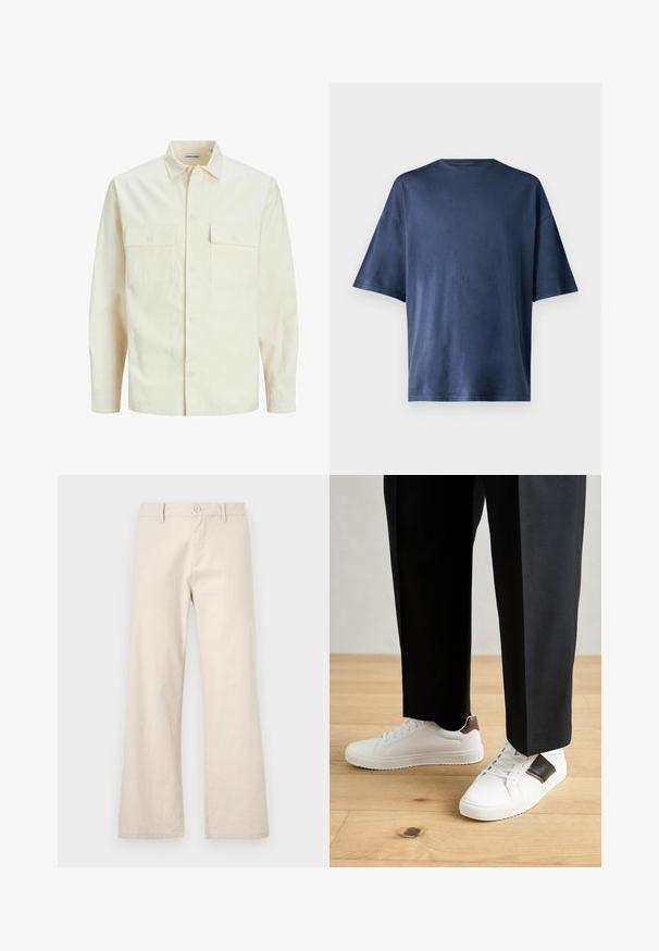 Cămașă lungă cu mâneci lungi de culoare bej deschis, cu guler, două buzunare frontale, închidere cu butoane și un material texturat.; Tricou navy blue cu mânecă scurtă, realizat dintr-un material moale, prezintă un guler clasic și o croială lejeră, fără modele sau accente vizibile.; Pantaloni largi bej dintr-un material ușor, având închidere cu buton și buzunare frontale, cu un finisaj neted, fără textură.; Sneakers albe cu textură netedă, având accente din piele maro și detalii negre, asociate cu pantaloni negri pe măsură. Fundal din podea din lemn.
